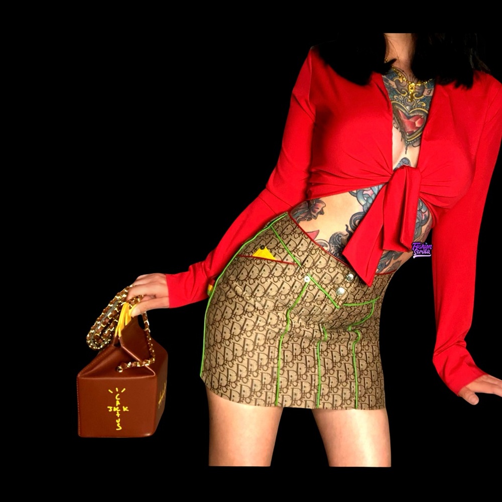 Christian Dior Vintage Monogram Logo Canvas & Leather Rasta Trotter Mini Skirt - Picture 4 of 17